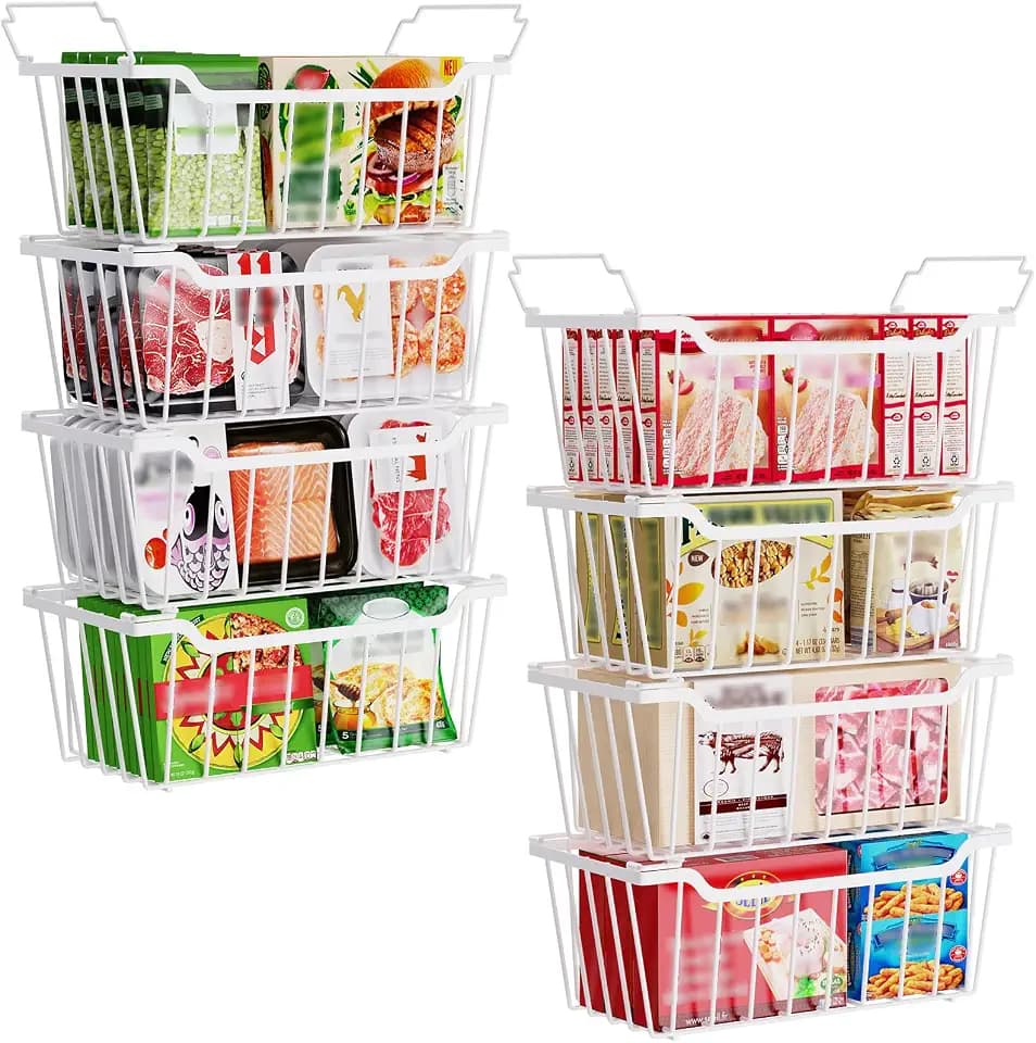 SUNALLY Freezer Organizer Bins, 8 Pack Stackable Pantry Storage Bins, White
