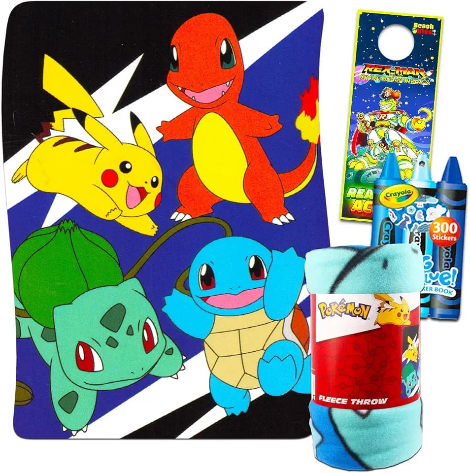 Pokemon Throw Blanket Set - Bundle of 45x60" Pokemon Fleece Blanket, Super Mario Stickers and More | Nintendo Bedding Kit for Kids