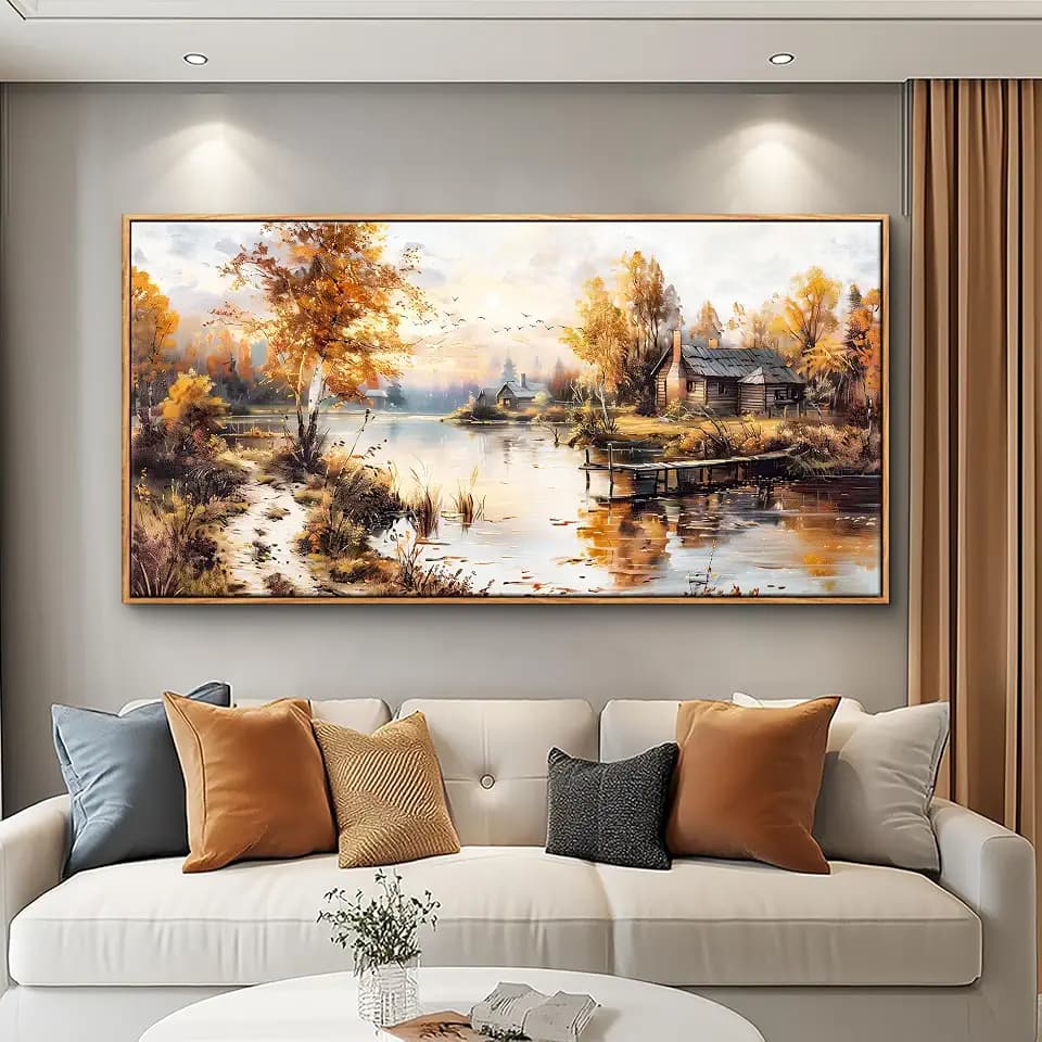 QIYILEXWART Canvas Wall Art For Living Room Large Wall Decor For Office Bedroom Decorations Lakeside Cabins Autumn Landscape Pictures Farmhouse Painting Artwork Room Wall Mural Home Decor 30x60 In