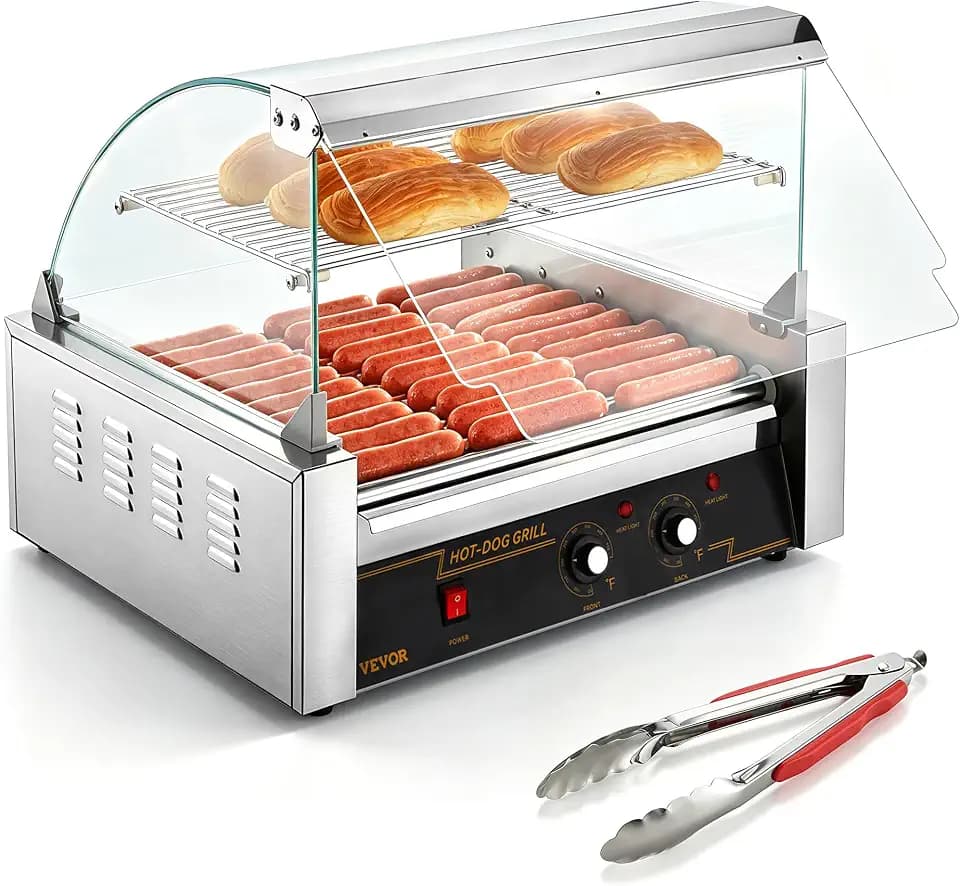 VEVOR Hot Dog Roller, 30 Hot Dog Capacity 11 Rollers, 1800W Stainless Steel Cook Warmer Machine w/Cover & Dual Temp Control, LED Light & Detachable Drip Tray, Sausage Grill Cooker for Kitchen Canteen