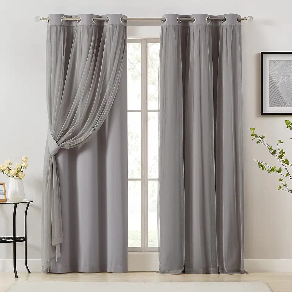 Bujasso Grey 90% Blackout Curtains with Sheer Overlay Mix and Match Double Layer Window Curtains Thermal Insulated 84 inch for Living Room Bedroom Gray Drapes with Tiebacks Grommet Top 37" Wx84 Lx2