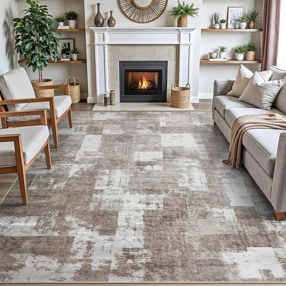 famibay 8x10 Washable Area Rug for Living Room Bedroom Beige Neutral Rugs Low Pile Soft Thin Carpet Abstract Modern Non-Slip Large Throw Rug for Dining Room Kitchen