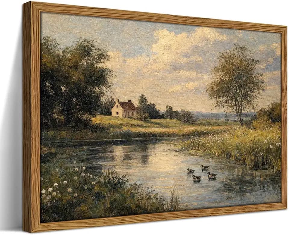 Framed Vintage Landscape Wall Art, Countryside Lake Ducks Pictures Wall Decor Painting, Cottagecore Farmhouse Scenery Canvas Prints for Living Room Bedroom Bathroom-16×24inch