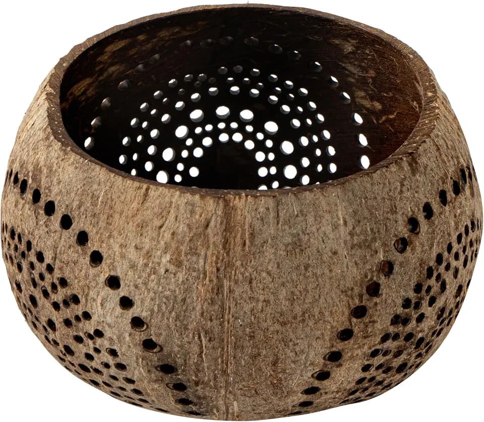 Restaurantware-Coco Casa 4 x 3.3 Inch Coconut Shell Candle Holders, 1 Reusable Tealight Holders - Candle Not Included, Rainbow Pattern, Tan Coconut Bowls For Candles, Handcrafted