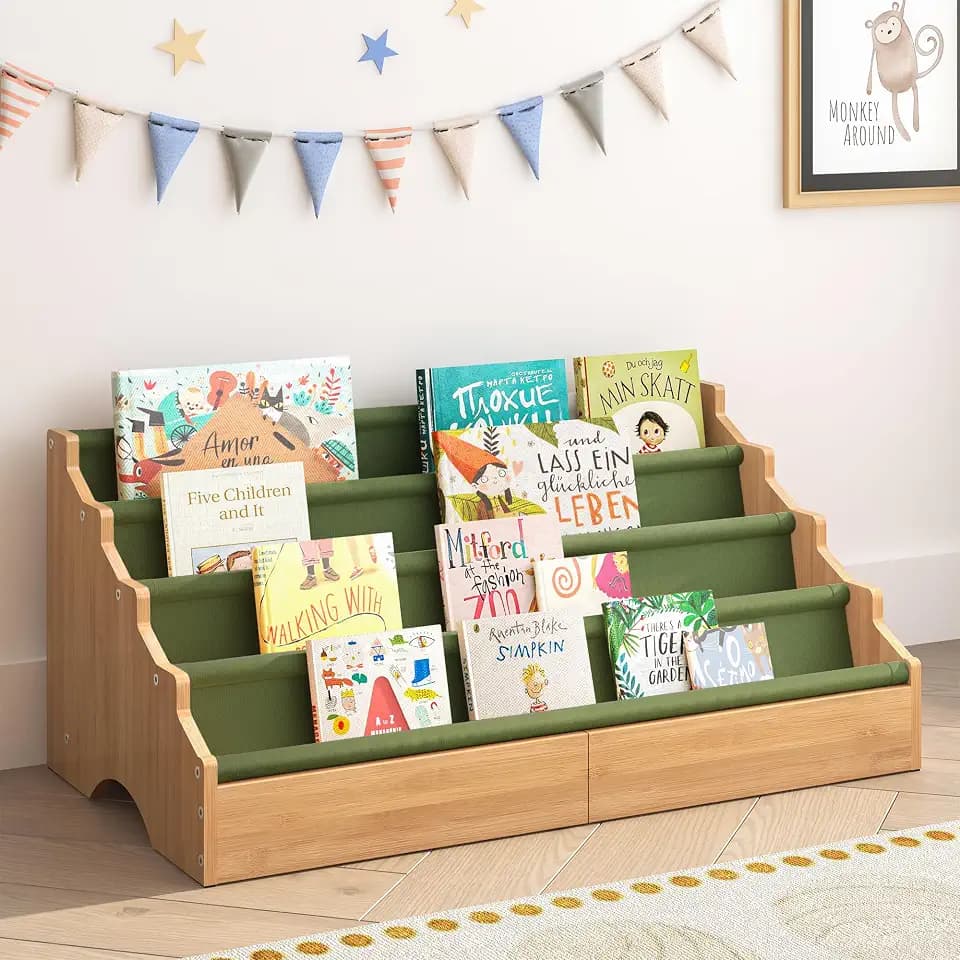 ELYKEN Bamboo Toddler Bookshelf, Nursery Book Shelves, Montessori Bookcase