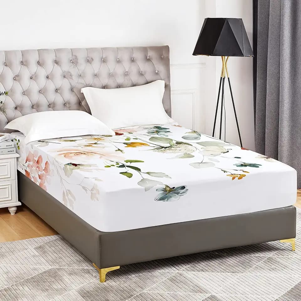 YIYEA Queen Floral Fitted Sheet, 16" Deep Pocket, Soft Microfiber, 1-Piece