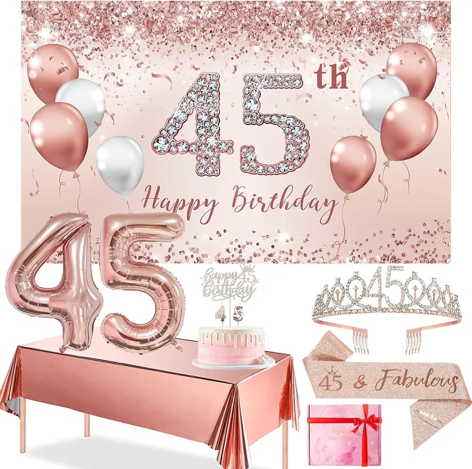 Trgowaul 45th Birthday Decorations Party Set for Women, Rose Gold 45 Birthday Banner and Tablecloth, 45 & Fabulous Sash and Tiara, 1PC Happy 45th Birthday Cake Topper, Pink Gold 45 Number Balloons