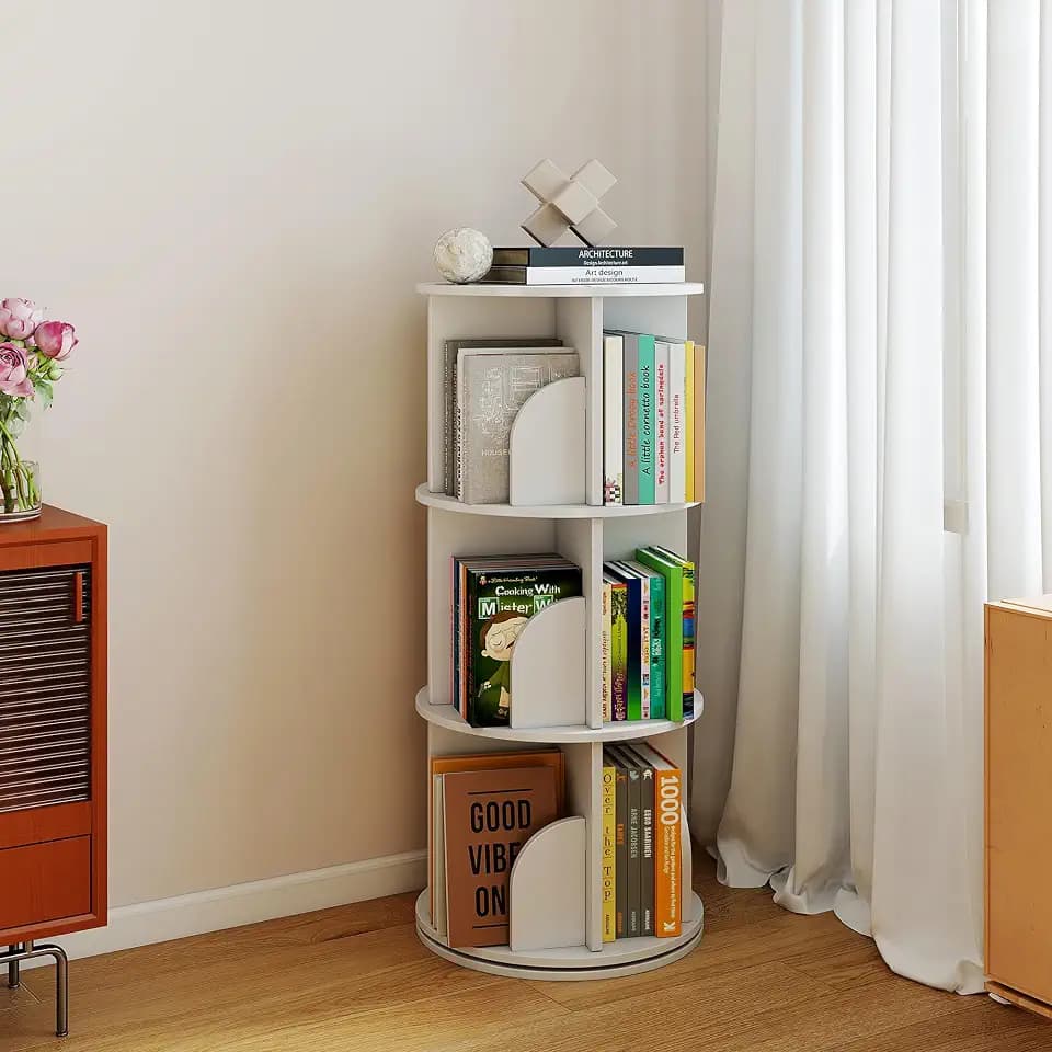 Rotating 3-Tier Bookshelf, 360° Spinning Corner Bookcase with Lazy Susan, White Space Saving Organizer for Study Room, Home Office, Kids Rooms, Bedroom, Adults & Kids, 15.75" D