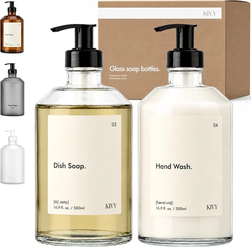 KIVY Glass Soap Dispenser Set 2X 16oz - incl. Waterproof Labels - with Pump