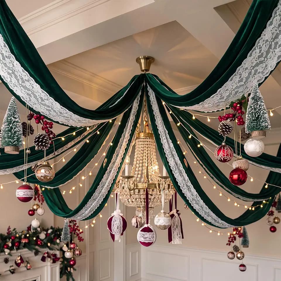 6 Panels Green Velvet and Lace Ceiling Draping Kit for Christmas Wedding