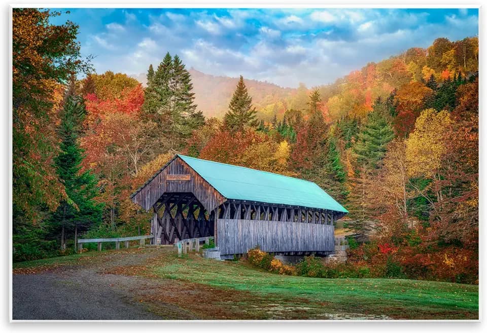 'Woodland Covered Bridge Mountain Foliage'| Wall Plaque Art