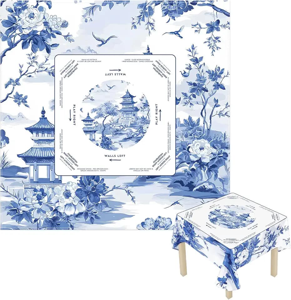 Mahjong Tablecloth with Game Rules, 55" x 55" Blue Chinoiserie