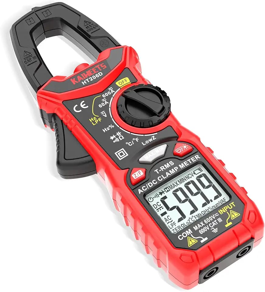 KAIWEETS HT206D Digital Clamp Meter T-RMS 6000 Counts, Multimeter Voltage Tester Auto-ranging, Measures Current Voltage Temperature Capacitance Resistance Diodes Continuity Duty-Cycle (AC/DC Current)