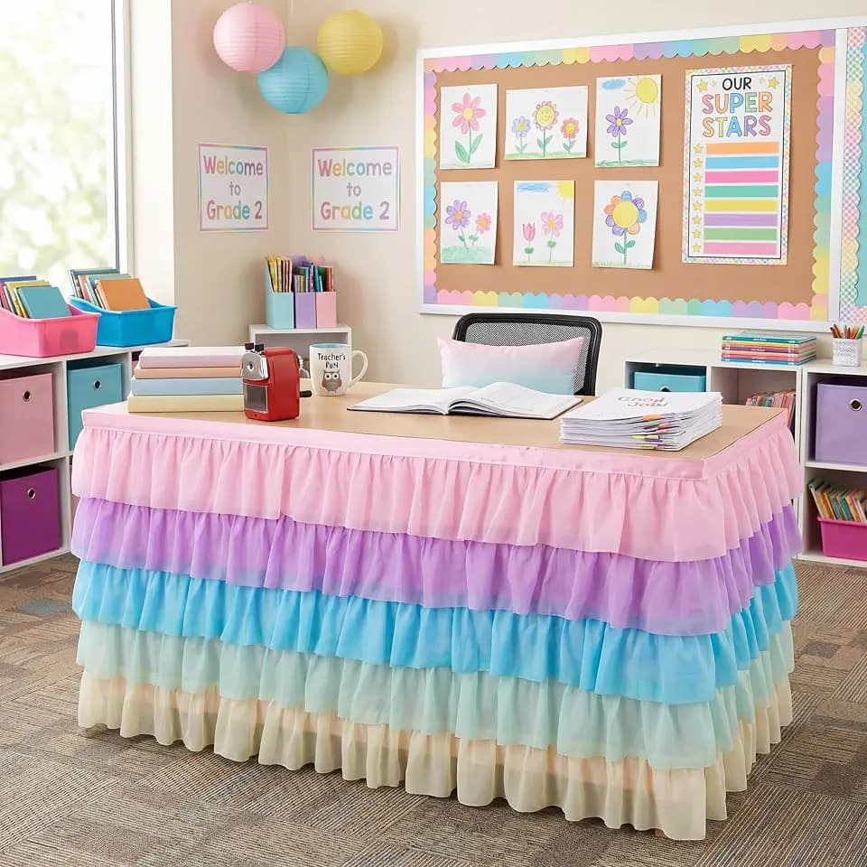 Tioncy 6 Ft X 30 in Pastel Ruffled Teacher Desk Skirt