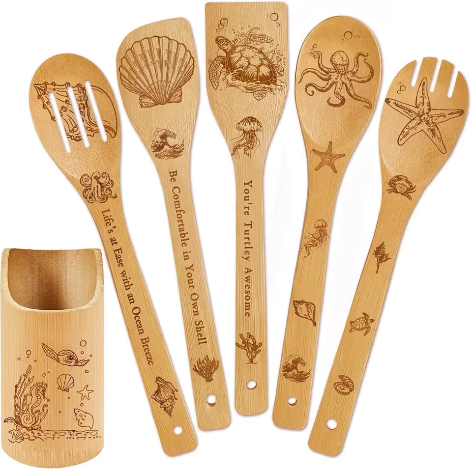 6 PCS Ocean Bamboo Cooking Spoon Set with Utensil Holder,Coastal Themed Kitchen Decor,Beach Accessories Gift for Women,Sea Turtle Lovers,Mother's Day,Housewarming,Birthday,Easter Gifts