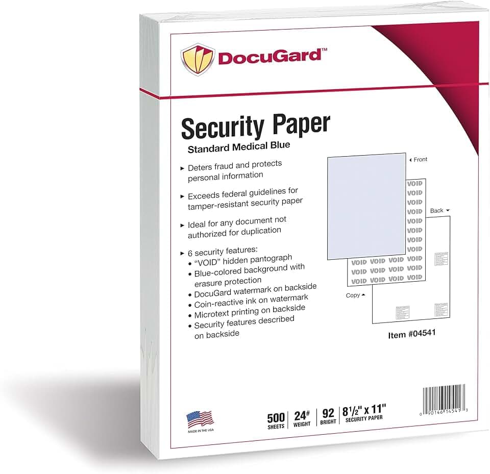 DocuGard Medical Security Papers, 24 lb Bond Weight, 8.5 x 11, Blue, 500/Ream