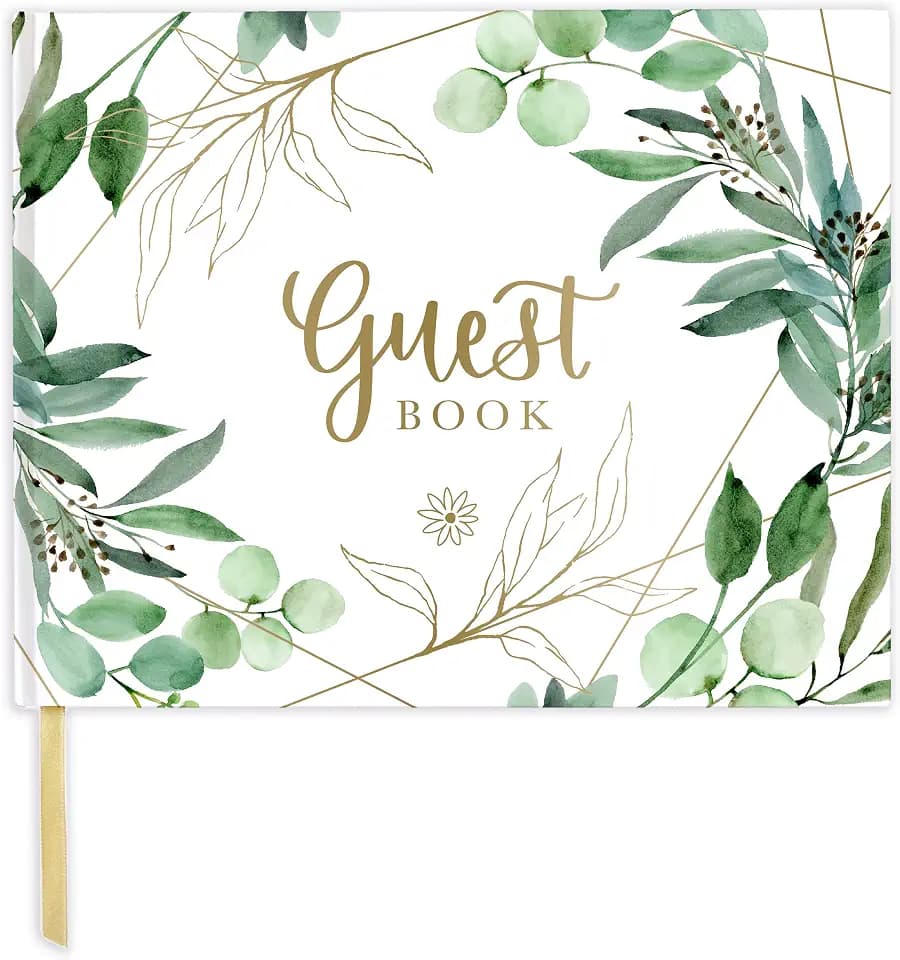 bloom daily planners Wedding Guest Book (120 Pages) Guest Sign-in Book Guest Registry Guestbook - White Cover with Gold Foil, Gilded Edges and Gold Page Marker Hardbound 7" x 9" (Eucalyptus)