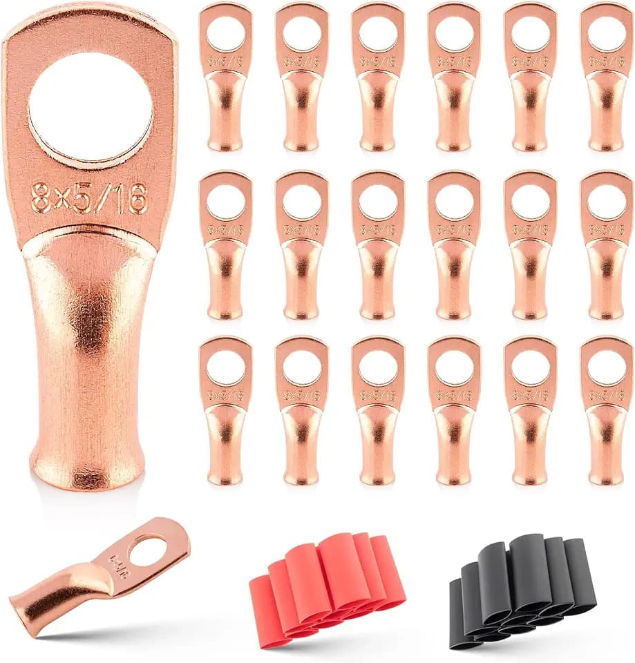 RED WOLF 20PCS 8 AWG-5/16 Battery Lugs W/3:1 Heat Shrink Tubing, Battery Cable Ends, Heavy Duty Copper Wire Lugs, Tubular Ring Terminals, 8 AWG Crimp Wire Ring Lugs for Automotive Electrical