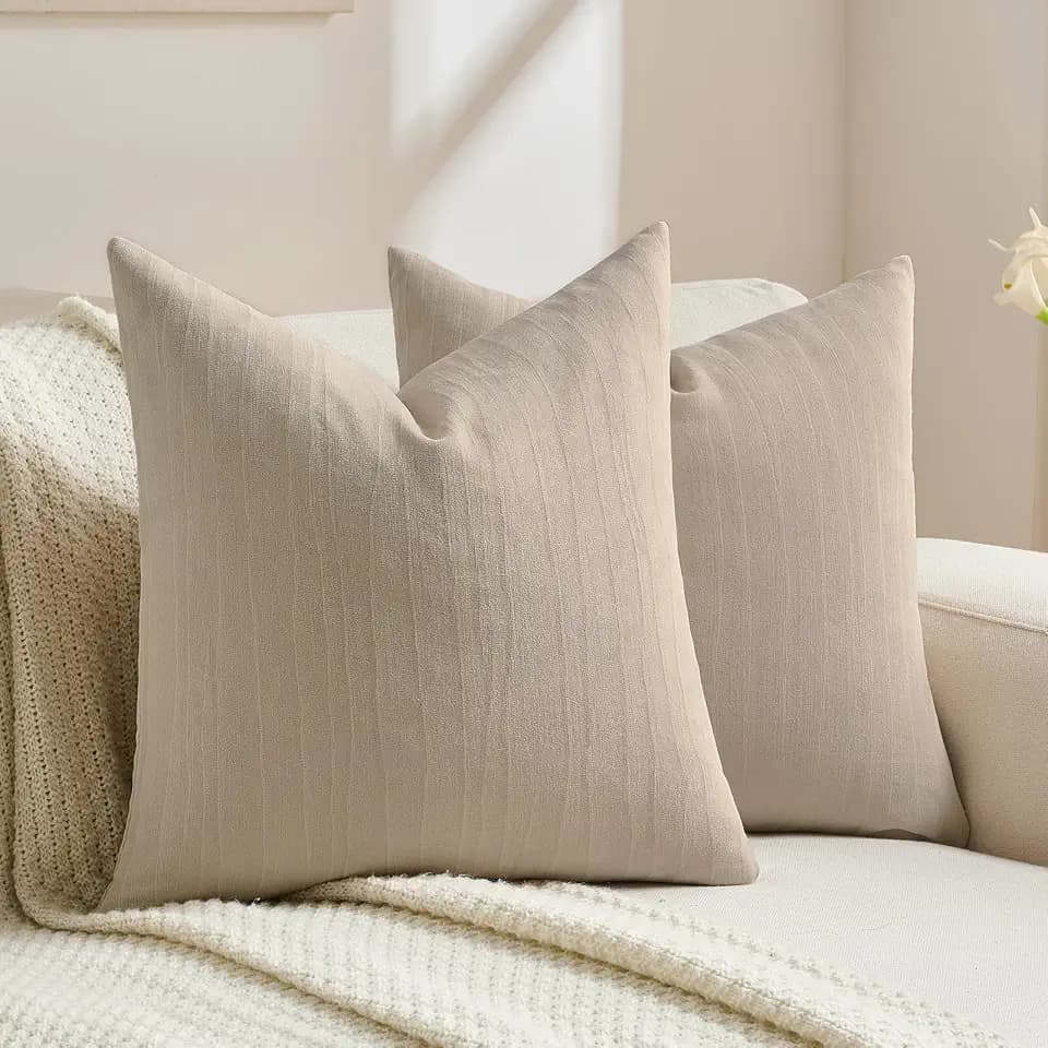 FUTEI Pack of 2 Chenille Striped Throw Pillow Covers 16x16 Inch,Beige