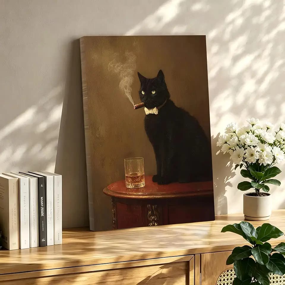 OWNANRTHM Funny Black Cat Wall Art Vintage Cat Poster Funny Cat Canvas Wall Art Humor Cat Pictures Framed for Living Room Bedroom Bar Bathroom Framed 12X16 inch