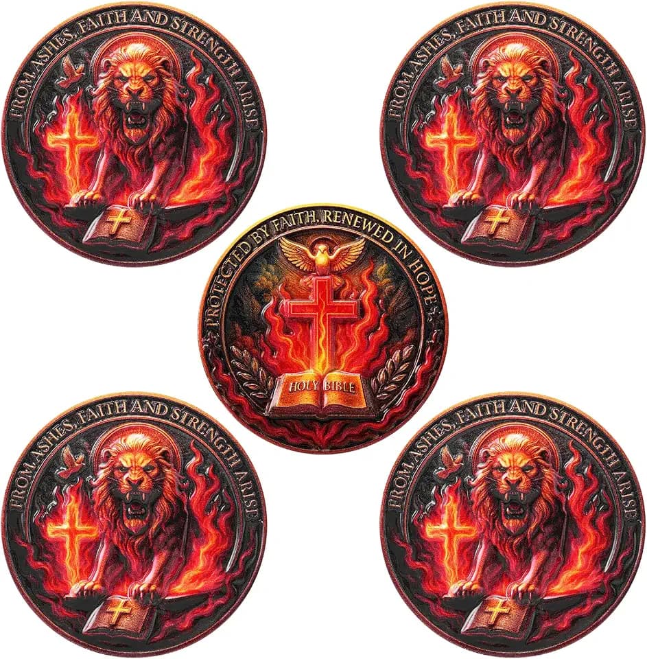 5 PCS Lion of Judah Holy Fire Challenge Coin – Cross & Bible Christian Medallion – Faith & Courage Token – Gift for Men & Women