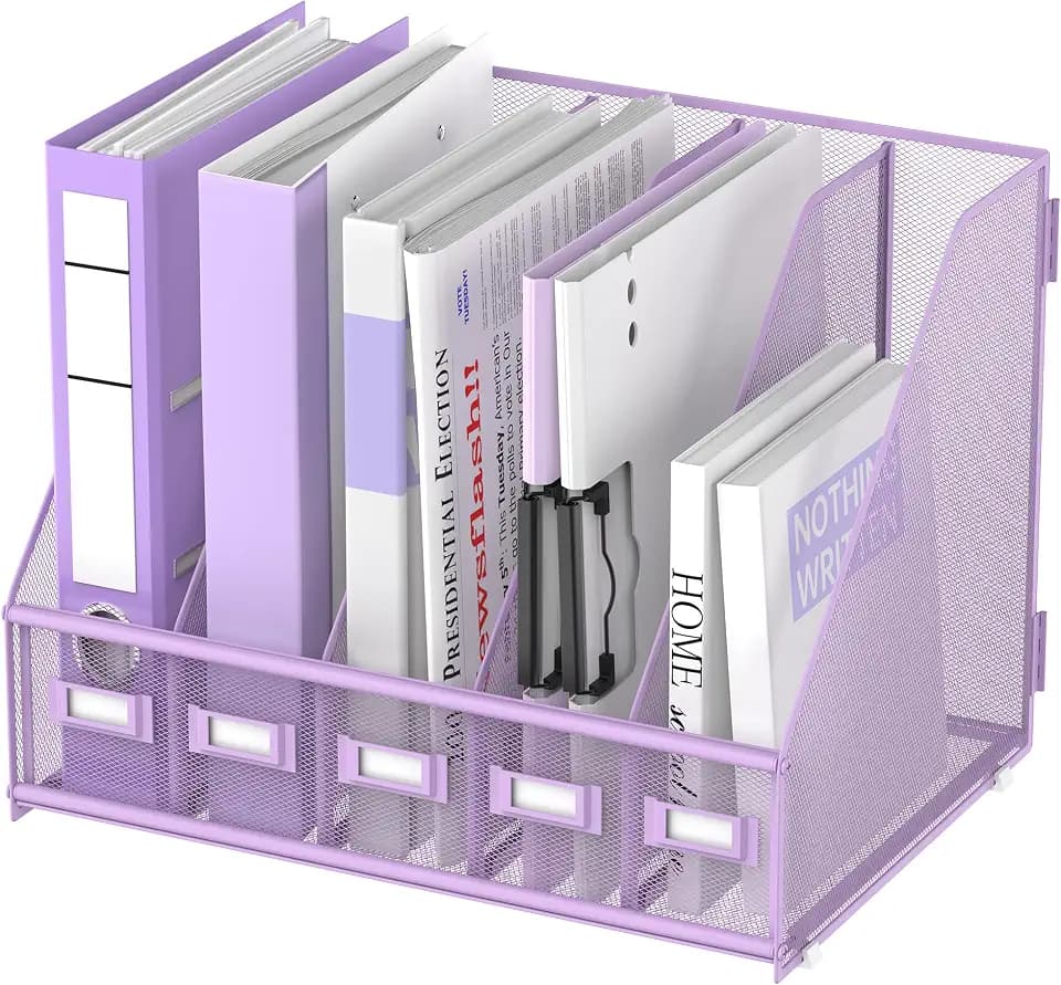 SUPEASY Desk Organizers Metal Desk Magazine File Holder with 5 Vertical Compartments Rack File Organizer for Office Desktop, Home Workspace, Purple Plus, Large