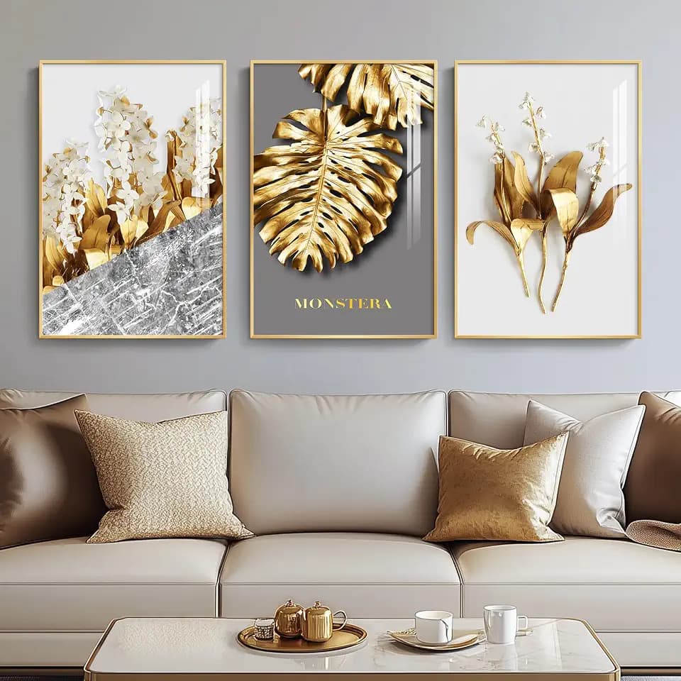 Framed Modern Luxury Gold Wall Art, 3 Piece 16x24 In