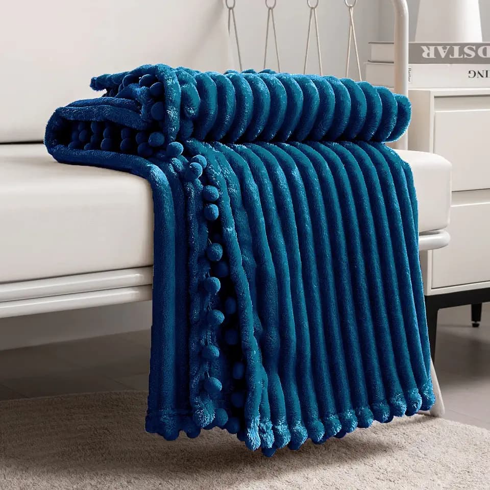 DISSA Fleece Blanket Twin Size – 60x80, Blue - Soft, Plush, Fluffy, Fuzzy, Warm, Cozy – Perfect Throw for Couch, Bed, Sofa - with Pompom Fringe - Flannel Blanket