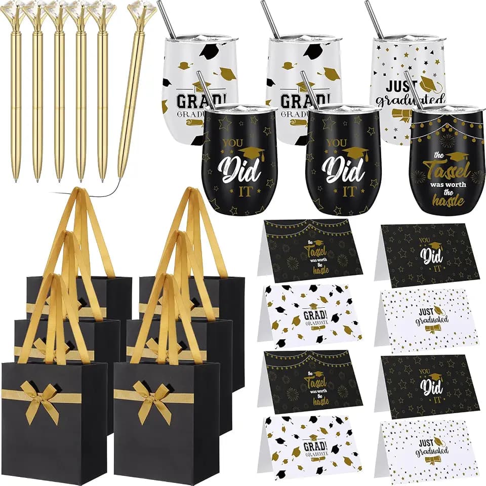Patelai 24 Pcs 2026 Graduation Gift Set for Men Women 12oz Stainless Steel Tumbler Mug Cups with Lid and Straw Pens and Card Set with Gift Bags for High School College Male Graduates