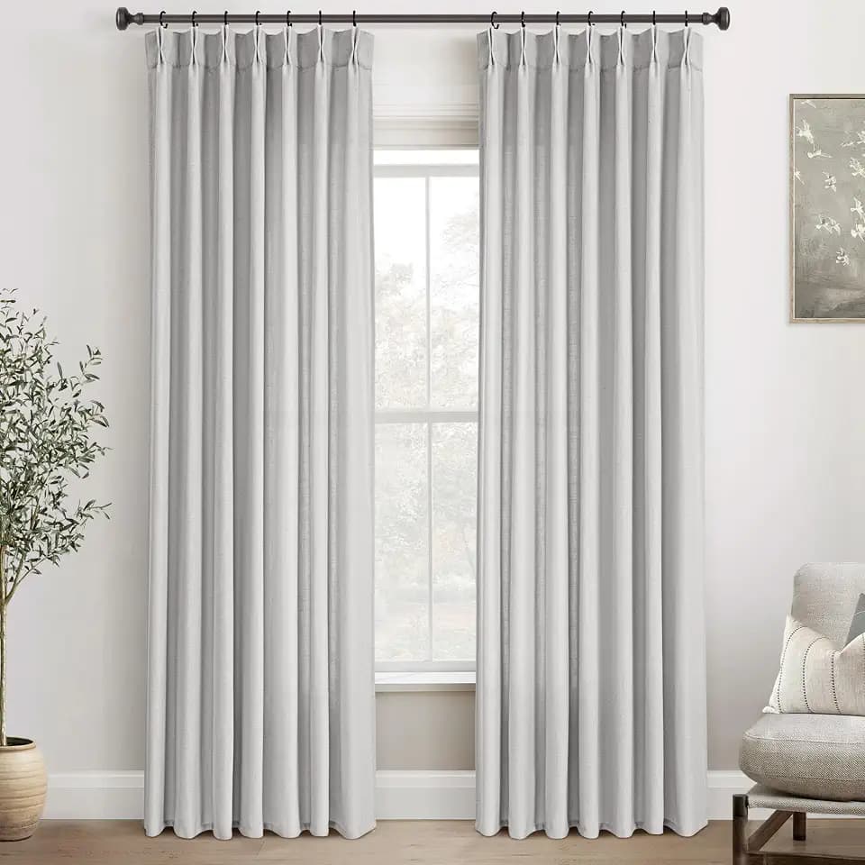 Grey Pinch Pleated Linen Curtains 96 Inch Length 2 Panels for Living Room