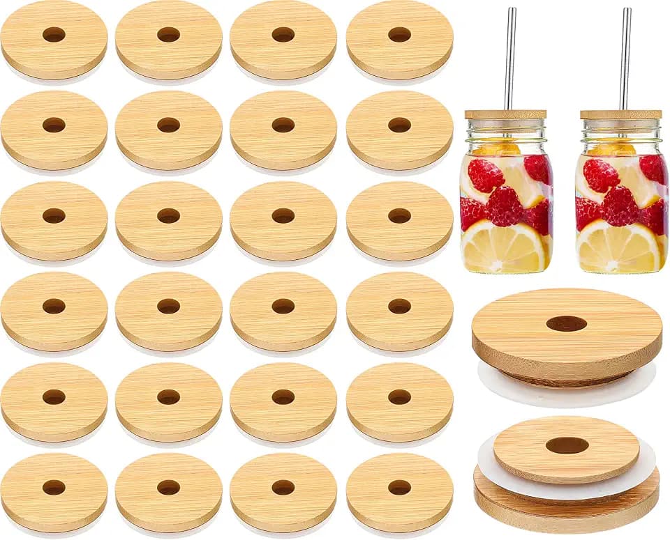 Cunhill 80 Pieces 70mm Bamboo Jar Lids Bulk with Straw Hole for Glass Cups