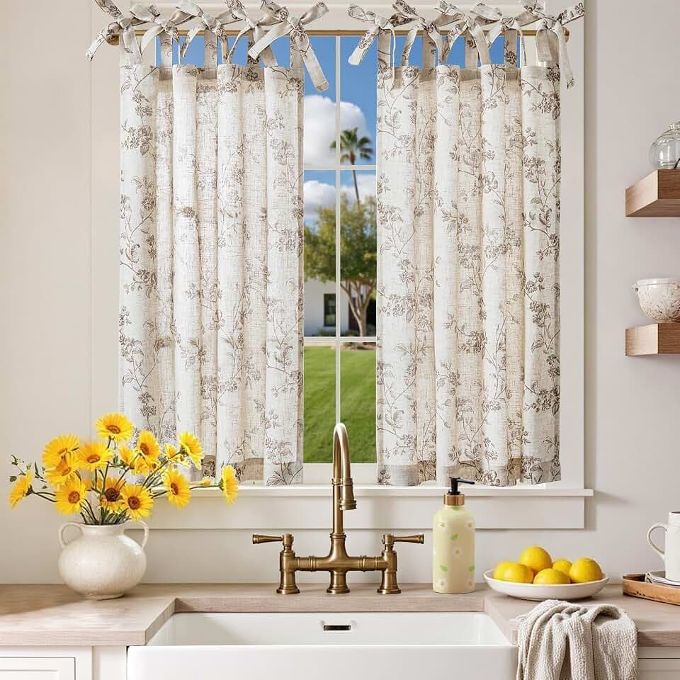 jinchan Taupe Floral Kitchen Tier Curtains Alisa 36 Inches Tie Top 2 Panles