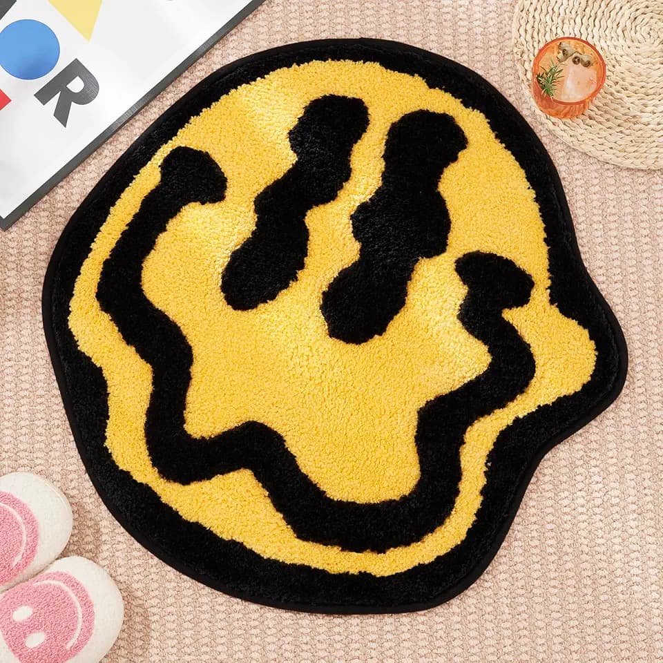 ELDONE Trippy Happy Face Bath Mat Yellow - Cool Rugs for Bedroom, Hypebeast Rug, Hippie Non-Slip, Cute Fun Funky Trendy Decor