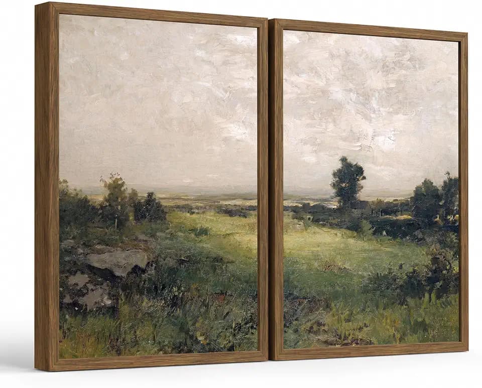 Landscape Wall Art Set of 2 Framed, Neutral Farmhouse Canvas Prints,