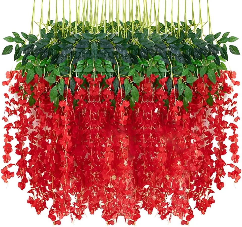 24pcs Wisteria Hanging Flowers,3.6 FT Fake Wisteria,Artificial Wisteria Hanging Flowers Wisteria Garland Arch Silk String for Wedding Garden Party Outdoor Home Wall Decoration (24pcs red)