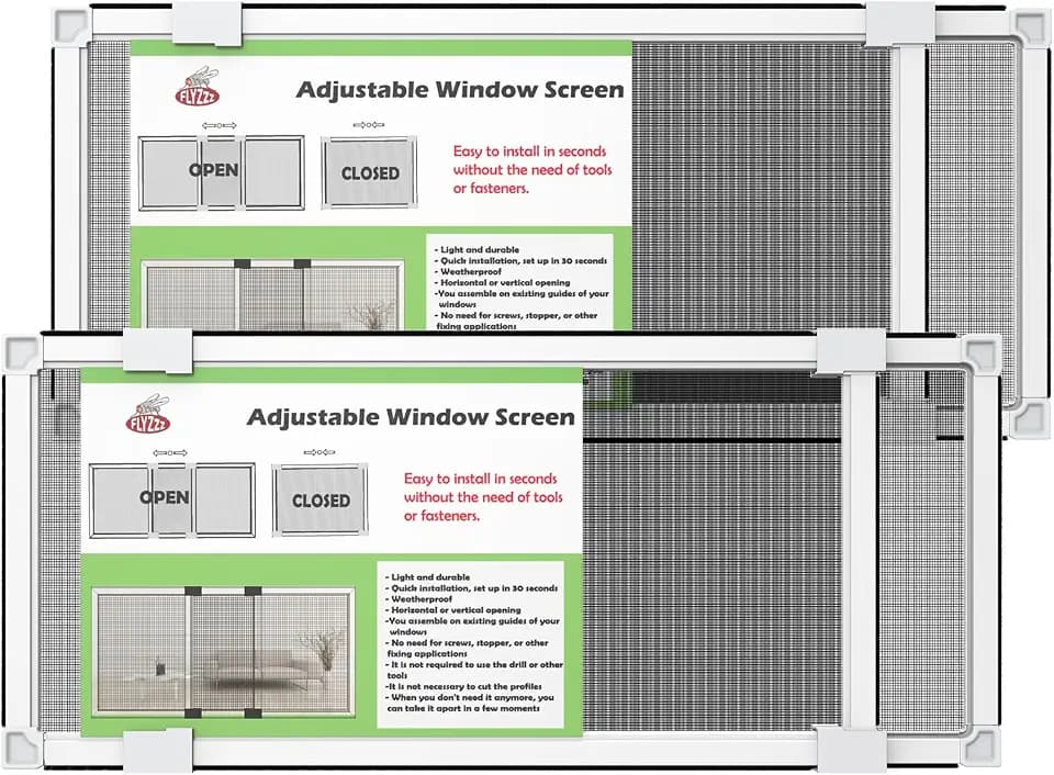 FLYZZZ Adjustable Window Screen for Hung Windows, White Expandable Horizontal Sliding Screen, 10" H x 19-36" W with Black Fiberglass Mesh Removable Window Screen Replacement, 2-Pack