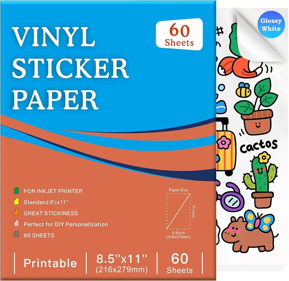 Aevdor 60-Sheet Glossy White Printable Vinyl Sticker Paper, 8.5x11, Inkjet