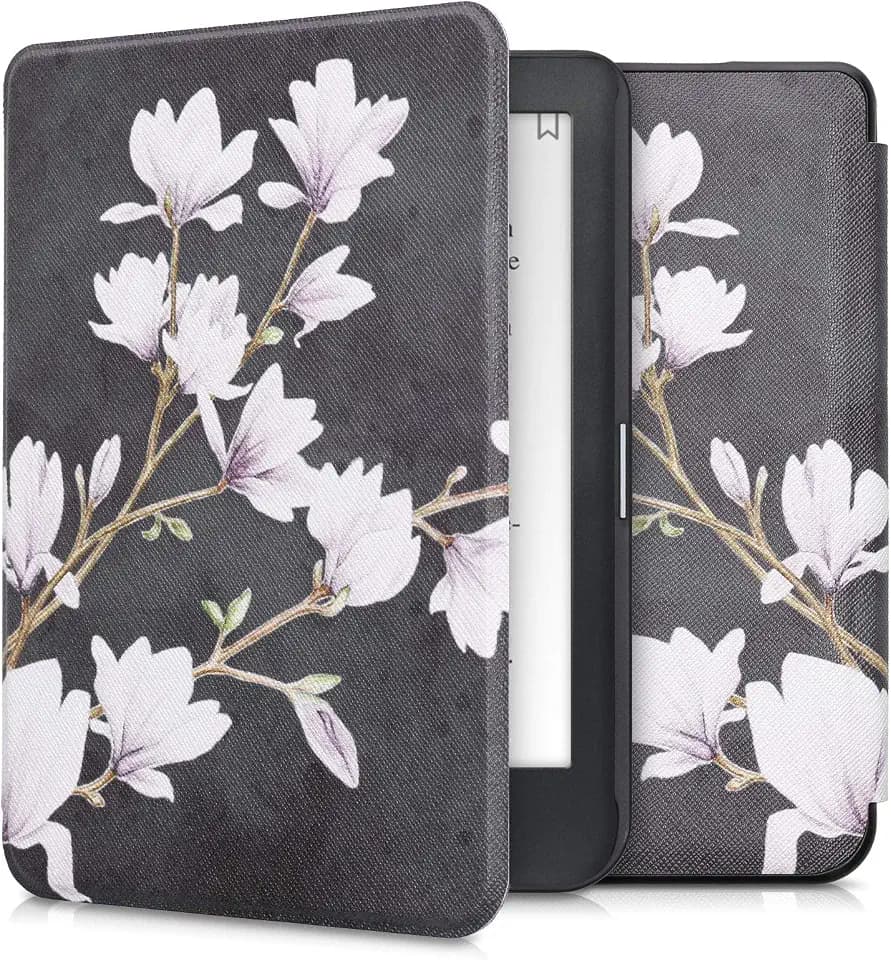 kwmobile Schutzhülle für Kobo Clara HD Hülle - eReader Flip Case mit Auto Sleep Funktion - Magnolien mit Taupe Weiß Dunkelgrau
