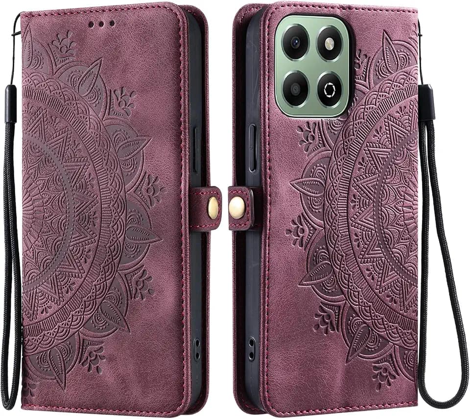 Lederhülle für Honor X6a/X6b, Handyhülle Schutzhülle mit 3 Kartenfach Klapphülle mit Ständer Sonnenblumen-Totem Flipcase Tasche Geldbörse für Honor X6a/X6b, Weinrot