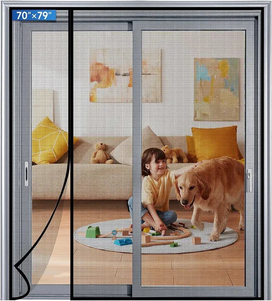 Magnetic Screen Door Mesh Left Right Side Opening Upgraded PET Material Mesh Stronger Than Fiberglass and Polyester,Keep Bugs Out,Pet & Kid Friendly,Hands Free Screen Size 70'' X 79'' Black