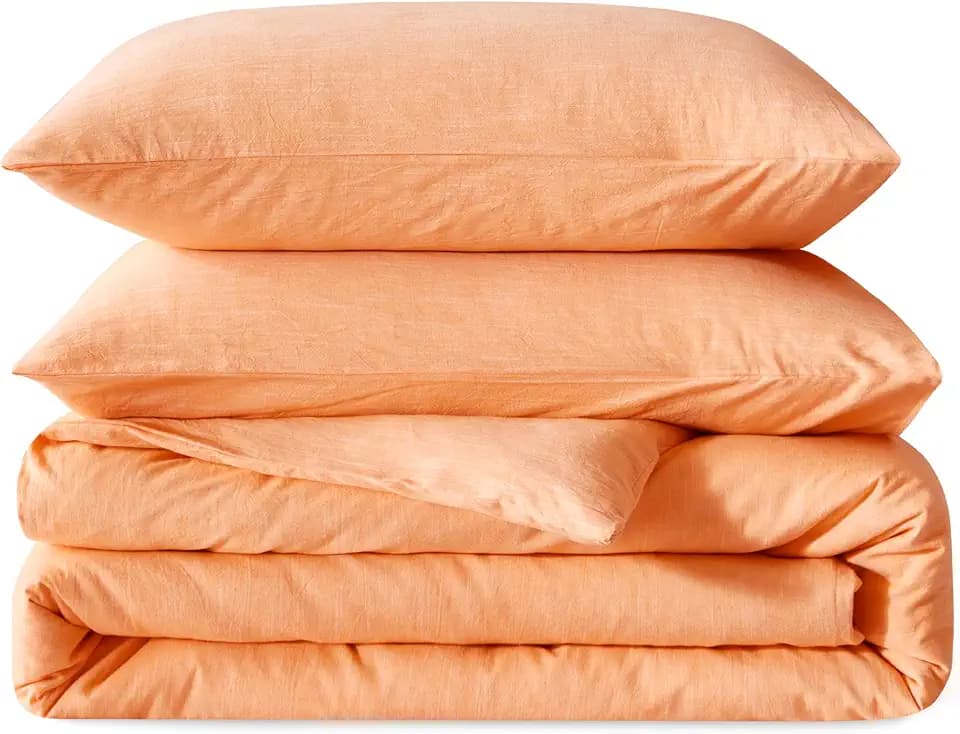 BFS HOME Linen Duvet Cover King Size - Soft Breathable Cotton Linen Blend, 3-Pieces Bedding Set with 2 Pillowcases, Stonewashed Texture, Orange, All-Season Comfort
