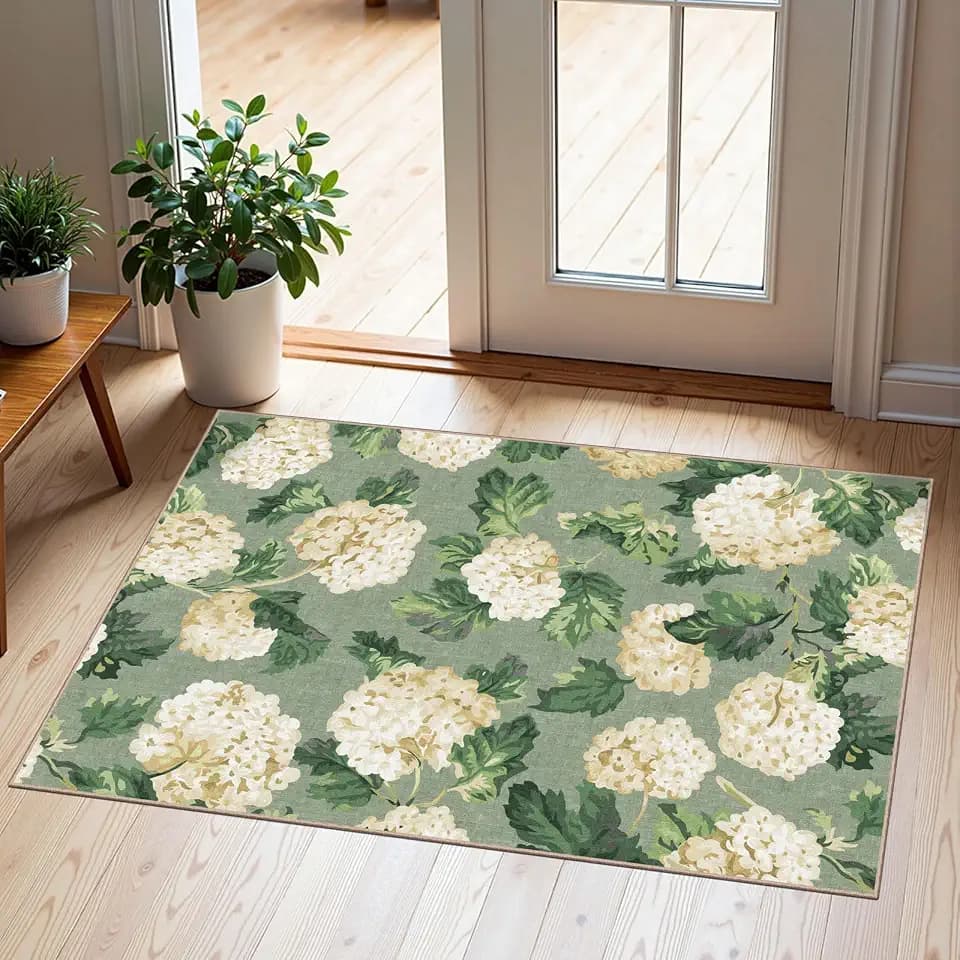Front Door Mat Outside Entrance - 2x3 Sage Green Floral Entry Rug