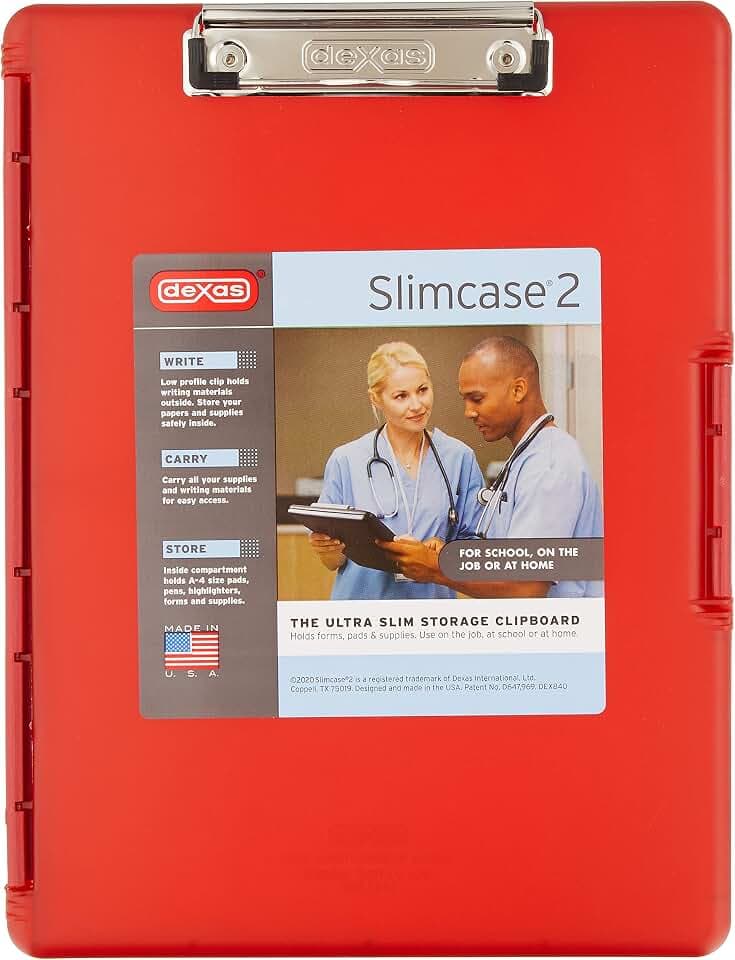 Dexas Slimcase 2 Plastic Clipboard with Storage and Side Opening, Strawberry Red, Office Supplies Clipboards to Organize, Carry and Store, A4 Holder, Style and Functionality Nursing Clipboards