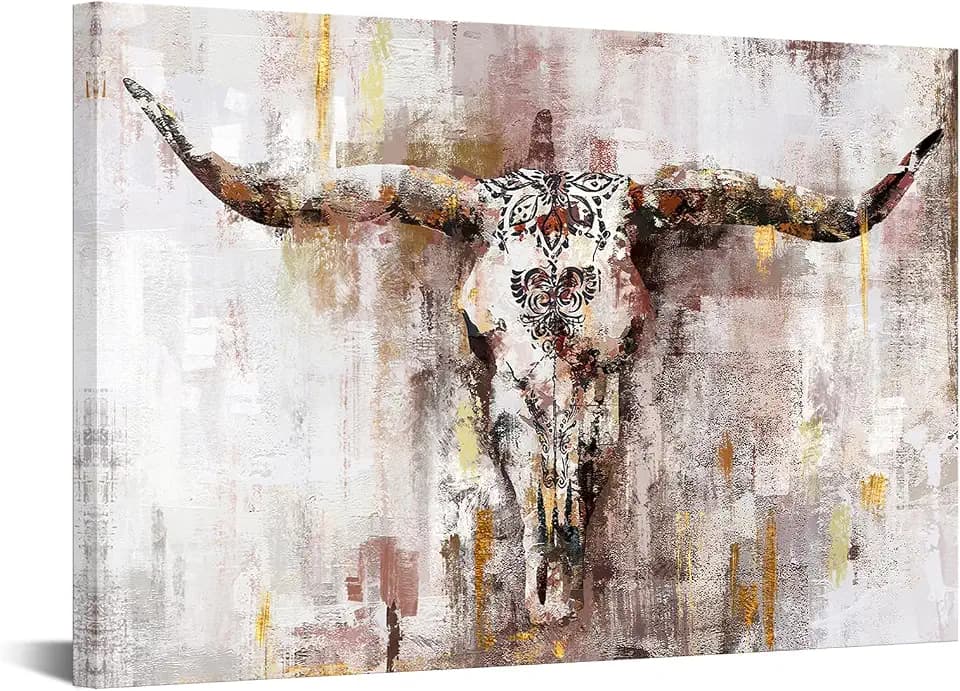 KREATIVE ARTS Vintage Brown Longhorn Cow Canvas Wall Art 24x36''