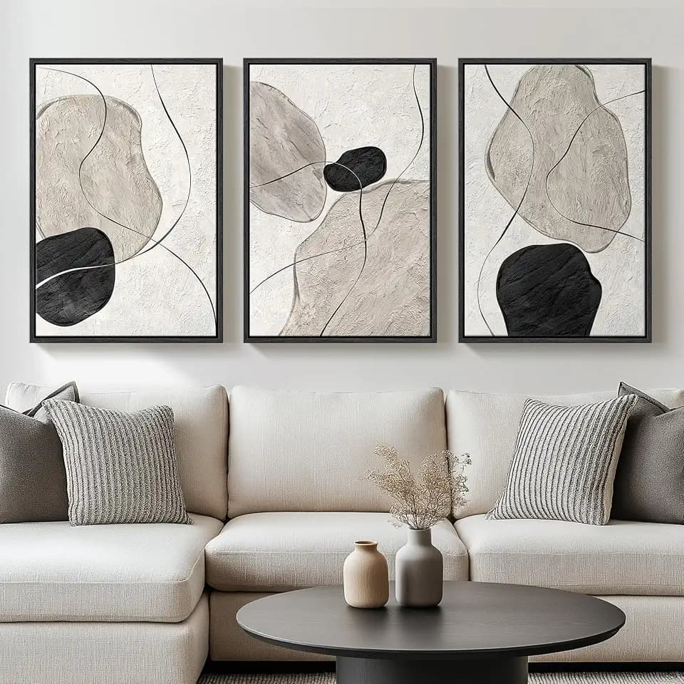 Large Framed Black White Gray Abstract Wall Art for Living Room, 24x36 In
