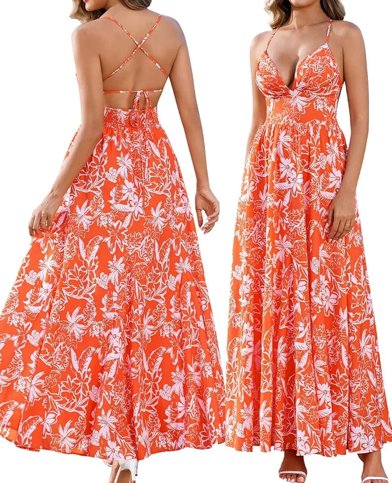 GLNEGE Womens Summer Floral Wedding Guest Maxi Dress Spaghetti Straps V Neck Flowy Beach Dresses Backless Vacation Sundress