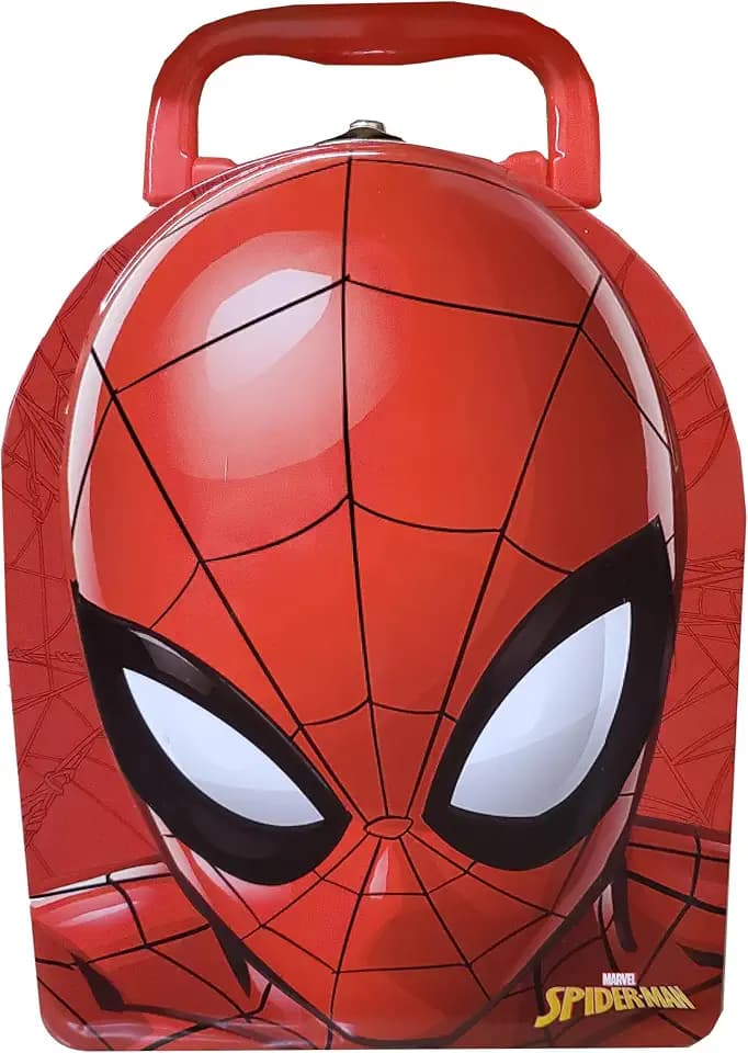 The Tin Box Company Spider-Man Head Shaped Metal Carry All with Handle, Food Safe Storage Container, Red and Black