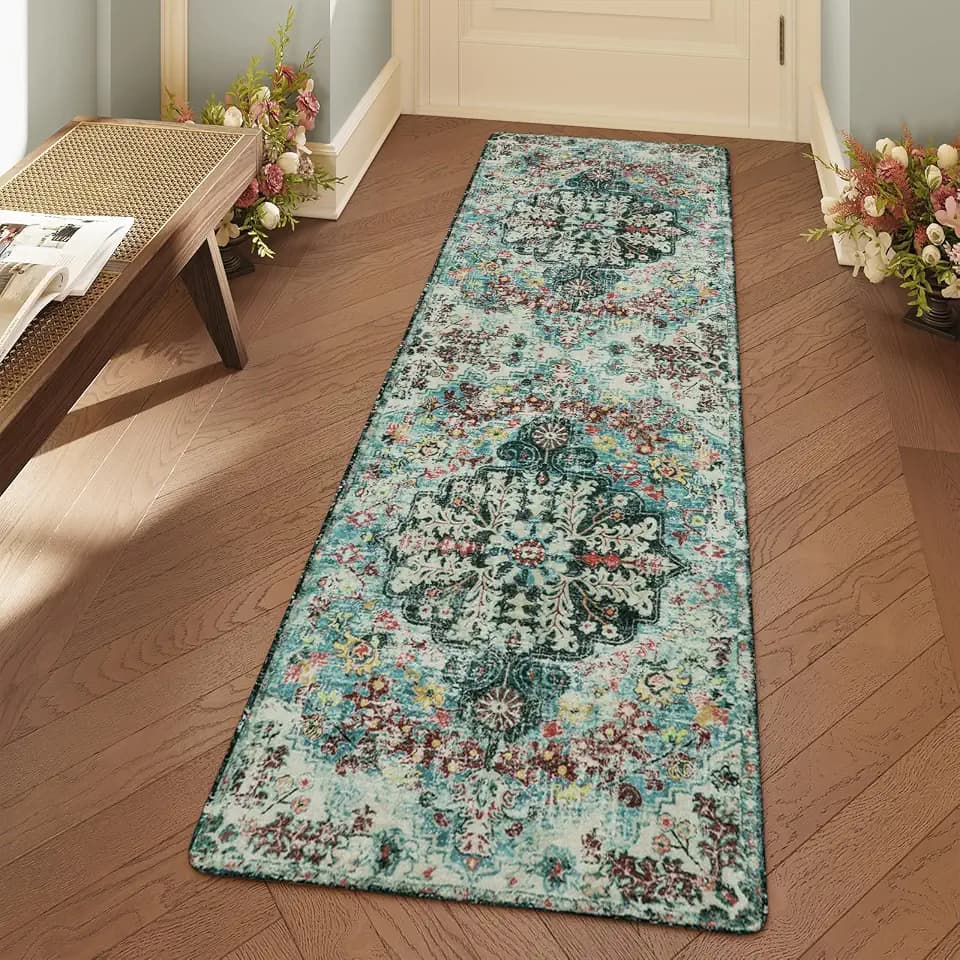 Lahome Reine Bohemian Floral 2x6 Washable Hallway Runner Rug, Non Slip Kitchen Laundry Hallway Rug Runner, Pet Friendly Bathroom Indoor Carpet Runners for RV Camper Entrance Bedroom