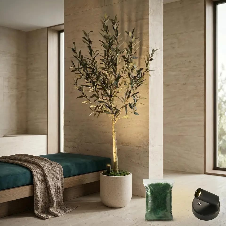 5FT Artificial Matte Olive Tree with Large Planter & Light