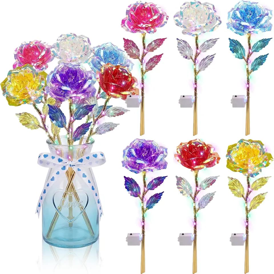 Lyrow 6 Pcs LED Galaxy Rose Crystal Artificial Flowers, Multicolor